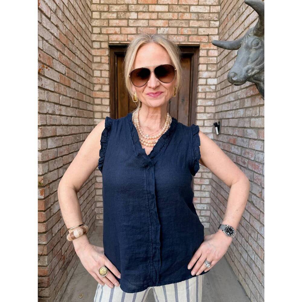 NEW MILIO MILANO ruffled linen sleeveless blouse in navy